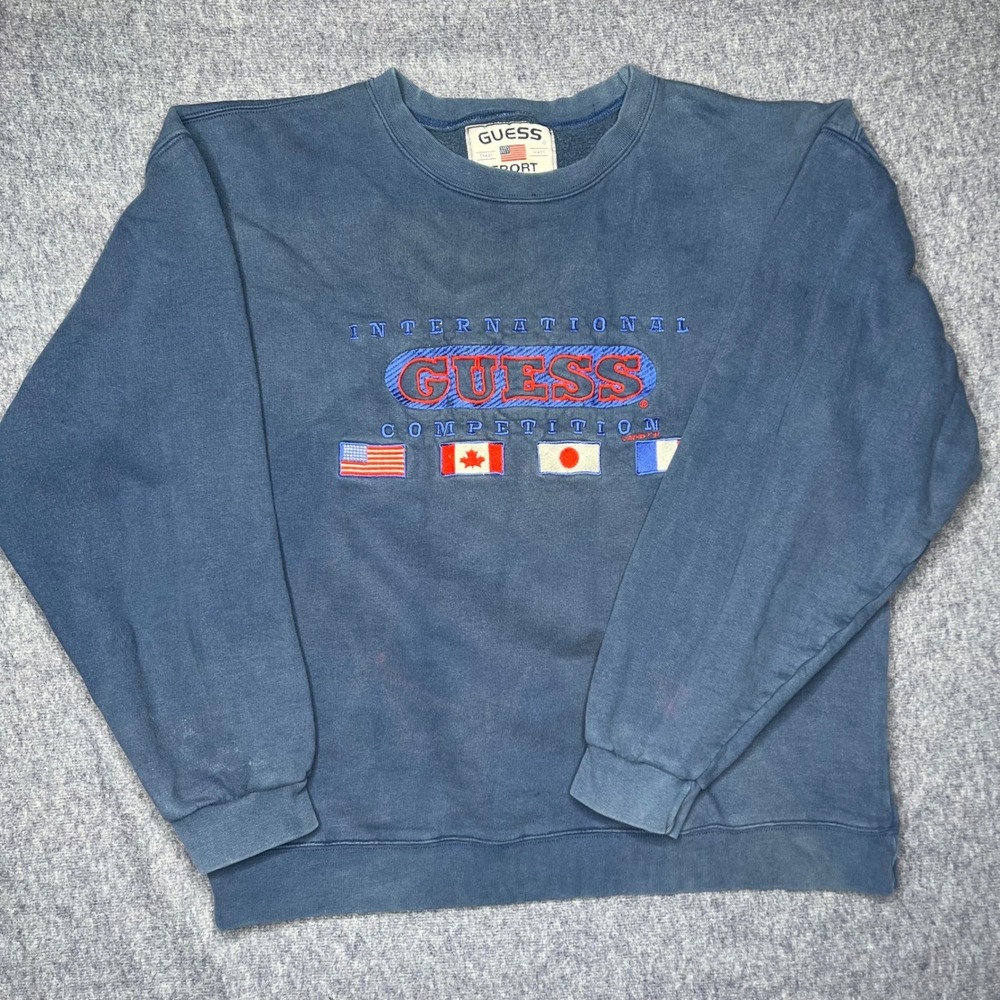 Vintage Guess Sport USA International Competition Sweatshirt Blue Large Faded